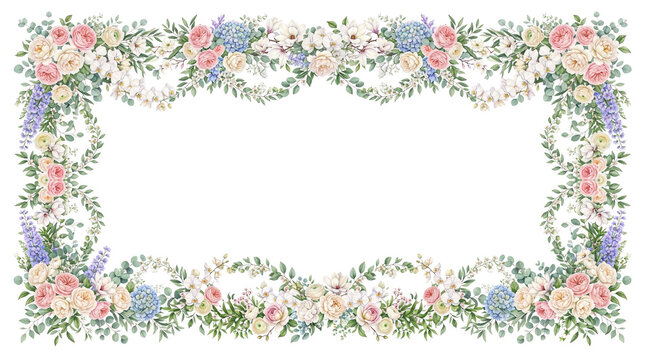 Vintage floral frame with pastel roses and hydrangeas. Elegant botanical border for wedding invitations. Shabby chic flower garland on white background.
