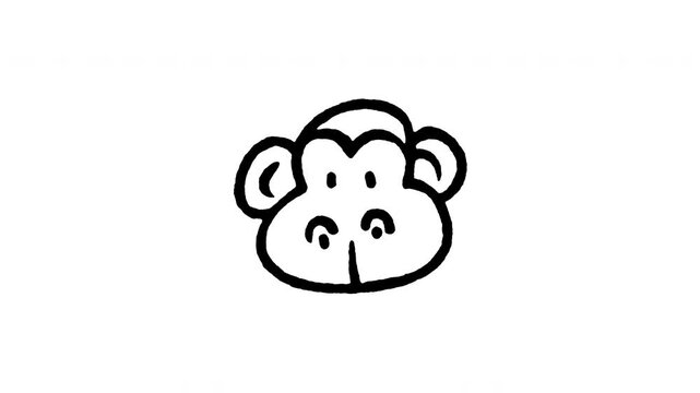 4K hand drawn monkey head icon featuring boiling line animation. Frame by frame line art on black and green screen backgrounds for ape face, jungle primate, chimpanzee, wild animal edits.
