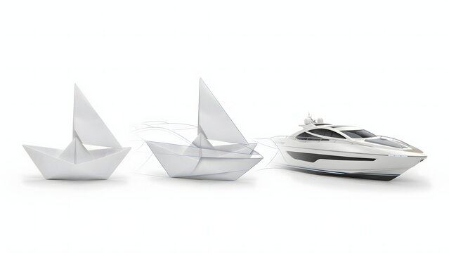 Paper origami boat morphing into luxury yacht &ndash; Suitable for startup evolution, financial growth, or business transformation journey.