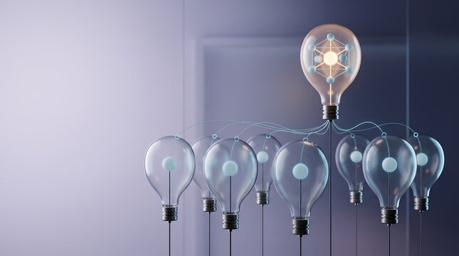 Talent management ecosystem showing one glowing data bulb connecting to surrounding unlit digital nodes