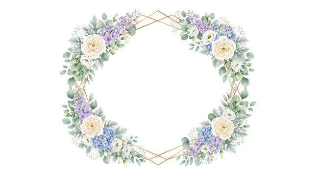 Watercolor floral wreath with gold geometric frame, elegant flower border for wedding invitations, pastel botanical circle
