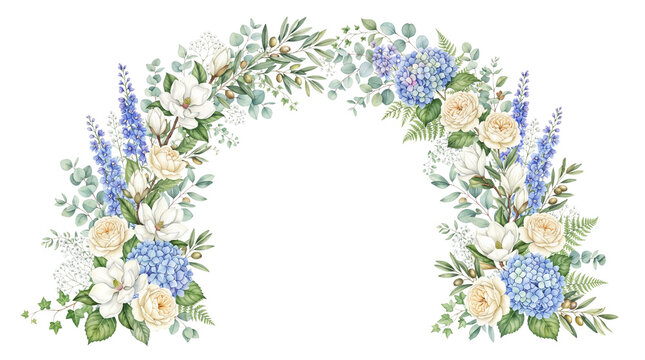 Watercolor floral arch with blue hydrangea and white roses, elegant botanical flower frame, pastel garden wedding border