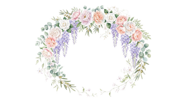 Watercolor floral wreath with pastel roses and lavender, elegant flower frame for wedding invitations, botanical circular border