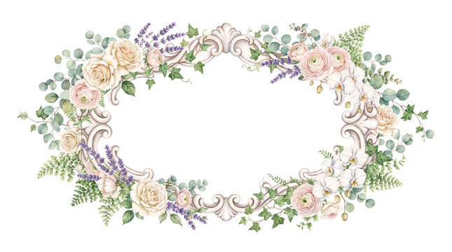 Vintage watercolor floral frame with pastel roses and lavender. Elegant baroque border for wedding invitations and greeting cards.