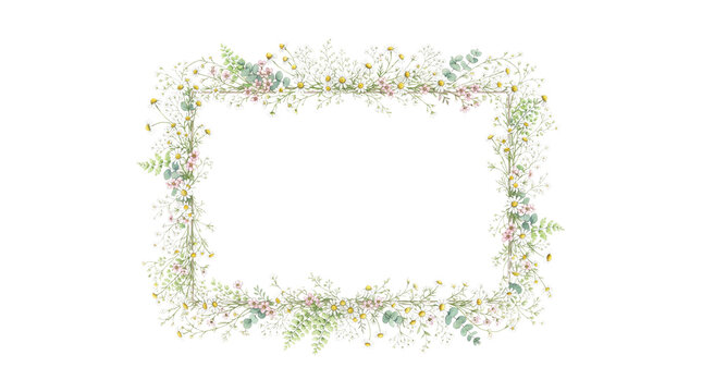Wildflower floral frame with delicate spring blossoms, elegant botanical border on white background, rustic garden flower wreath for wedding invitation