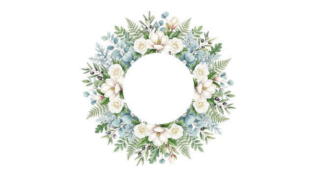 Watercolor floral wreath with white roses and eucalyptus. Elegant botanical frame for wedding invitations. Soft green foliage circle.