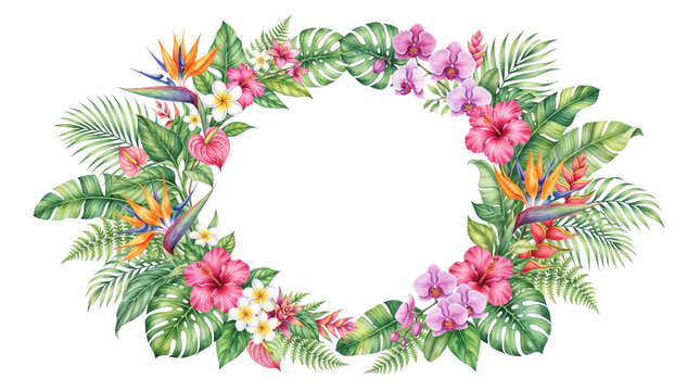 Tropical watercolor floral wreath, exotic hibiscus and orchid flower frame, botanical palm leaf border for wedding invitations