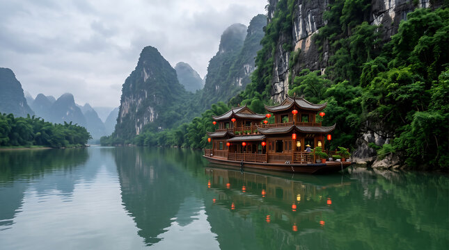Traditional chinese wooden boat with red lanterns on the li river in guilin, china, surrounded by karst mountains and lush greenery under a cloudy sky