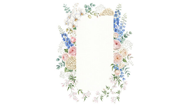 Watercolor floral frame with pastel roses and blue wildflowers. Elegant botanical border for wedding invitations and stationery.