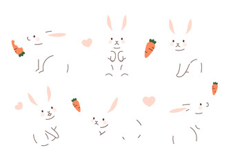 Illustrations of a white rabbit character, a carrot, and a heart.