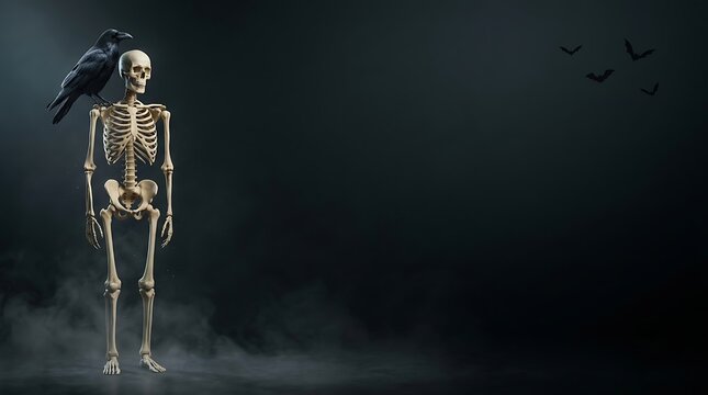 A spooky human skeleton standing with a black crow on its head in this dark moody cinematic halloween background image