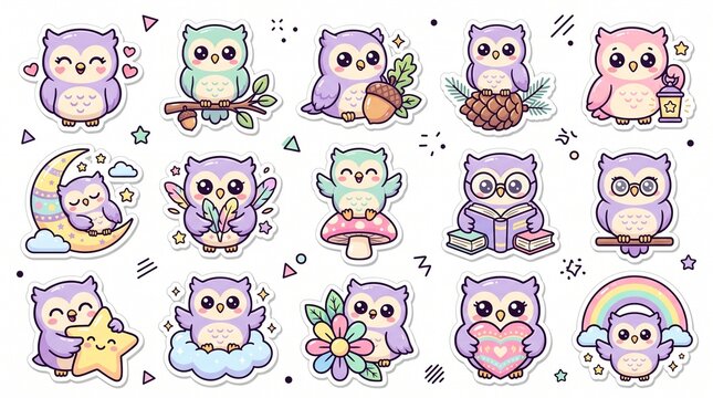 Kawaii owl sticker set, 15 cute cartoon owl characters in pastel colors, whimsical bird illustrations for planners and scrapbooking