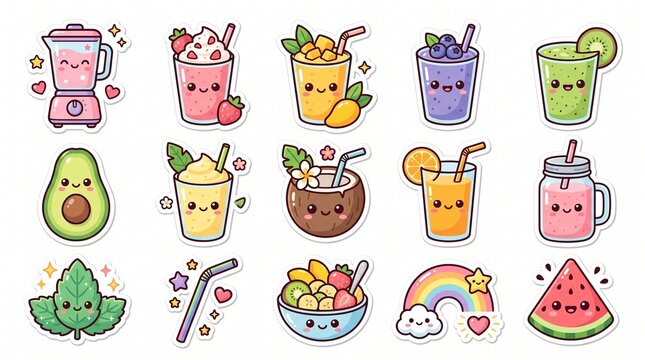 Kawaii smoothie sticker set, 15 cute fruit juice icons, colorful cartoon summer drink illustrations with happy faces