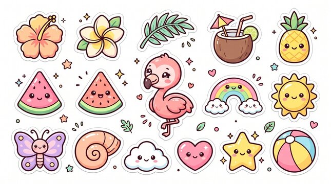 Kawaii summer sticker set, cute tropical icons with flamingo and pineapple. Pastel beach elements for scrapbooking, 16 colorful cartoon patches.