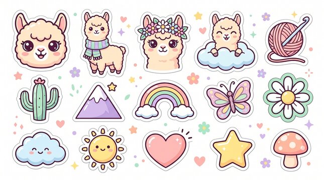 Kawaii llama sticker set, cute alpaca character collection, pastel rainbow and nature icons, 15 cartoon elements for scrapbooking