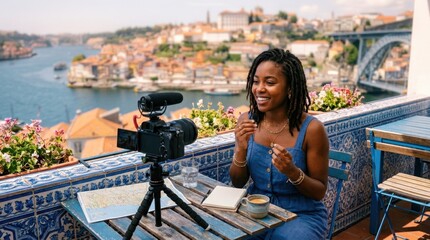Fototapeta premium Young woman vlogging on a balcony with a scenic European city view
