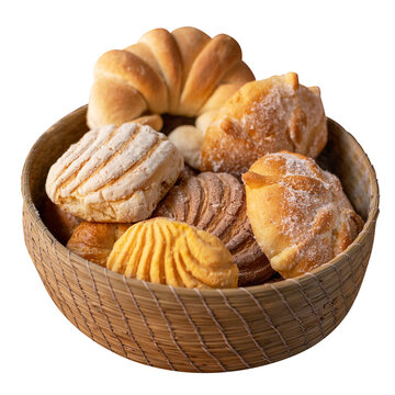 Assorted Fresh Bread and Cookies in Woven Basket Isolated on Transparent Background