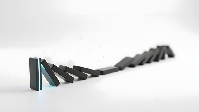 Illuminated domino triggering clean chain reaction on white &ndash; Suitable for domino effect, cause and effect, or triggering positive change.