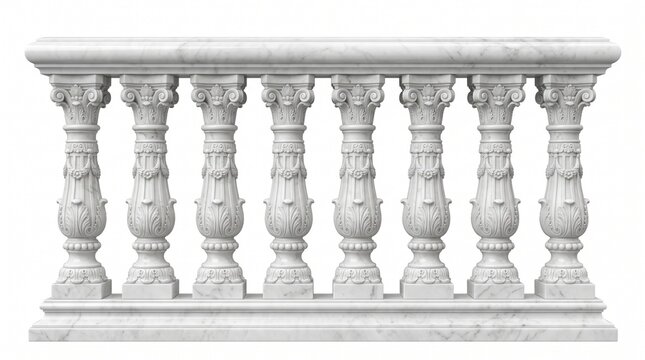 Elegant white marble balustrade featuring ornate carved columns and intricate details isolated on white background with balusters classical architectural