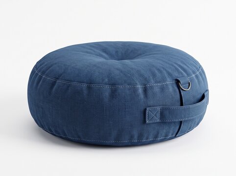 Modern blue round meditation cushion with a fabric handle and metal D-ring isolated on a white background for comfortable seating and mindfulness practice