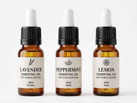 Three brown glass bottles with dropper caps and white labels for essential oils of lavender, peppermint, and lemon