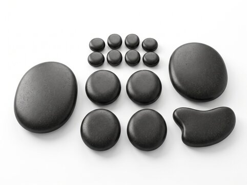 Set of black hot massage basalt stones for spa therapy and body relaxation isolated on white background