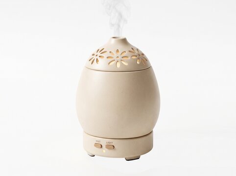 Aromatherapy Diffuser with Floral Design Emitting a Gentle Stream of Steam in a Studio Setting