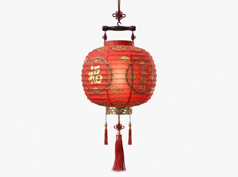 Traditional Red Chinese New Year Lantern with Gold Auspicious Characters Hanging on White Background