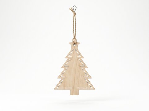 Wooden Christmas tree ornament with hanging rope, minimalist holiday decoration on white background