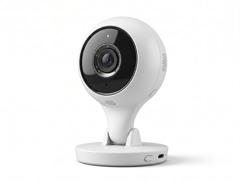 Modern white home security camera on a round base isolated on a clean white background