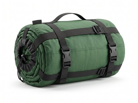 Green rolled camping sleeping bag in compression sack isolated on white background