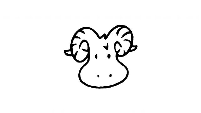 Hand drawn 4K ram head doodle animation with boiling line motion. Frame by frame outline on black and green screen backgrounds, perfect for curved horns ram, male sheep, farm livestock.