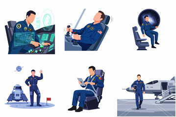 Set of Astronaut and Space Pilot Illustrations, Futuristic Galactic Mission Flat Vector Characters © Shab