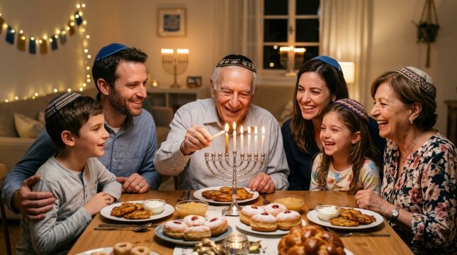 Multi-generational jewish family celebrating hanukkah and lighting the menorah at home, enjoying traditional food