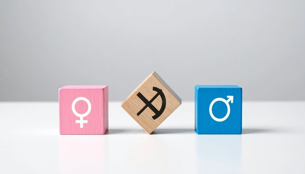 Gender identity concept with pink, blue, and natural wooden blocks showing male, female, and nonbinary symbols.