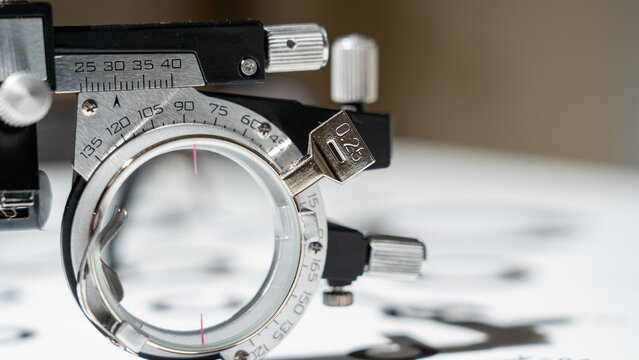 Close-up of a frame for testing a patient's vision. Eye examination by an ophthalmologist