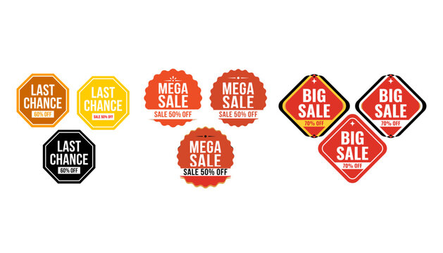 Last chance mega sale big sale badges set, flat vector sticker pack