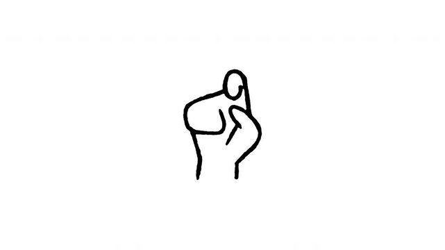 4K animated bend finger gesture doodle icon. Frame by frame line art on black and green screen chroma key background for bent finger pose, hand sign, hook motion, sign language expression.