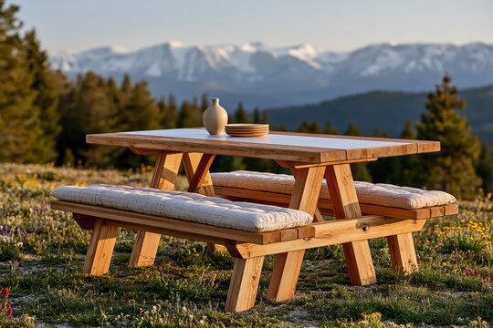 Wooden picnic table in alpine meadow with scenic mountain backdrop