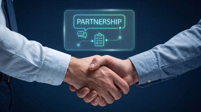 two colleagues shake hands beside glowing partnership badge interface to seal business deal, confirm mutual agreement, verify contract terms, approve joint venture, and build lasting collaboration