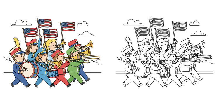 Kids Marching Band Fourth of July Parade Illustration and Coloring Page Vector Set with American Flags and Musical Instruments for Children Activity Sheet
