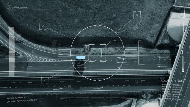Surveillance footage shows vehicle on highway with tracking data overlay