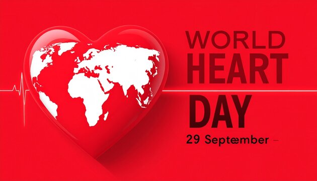 Red heart globe with ECG line, World Heart Day poster.