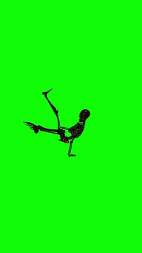 Golden metallic skeleton strikes a dynamic dance pose on a green screen key backdrop in a high energy 3D render for Halloween event visuals