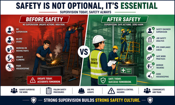 Before and After Workplace Safety Comparison Industrial Safety Awareness Infographic