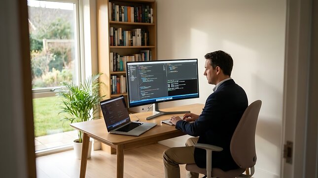 Male Software Engineer Coding on Dual Monitors in Bright Modern Home Office Workspace