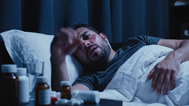 Man Suffering Insomnia And Migraine In Bed Surrounded By Medication