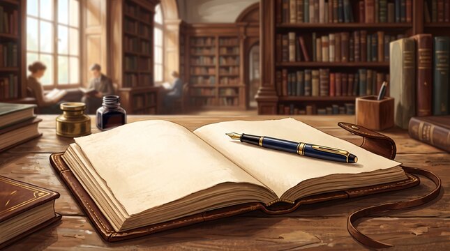 Open blank vintage journal and fountain pen on wooden desk inside classic library during morning study session