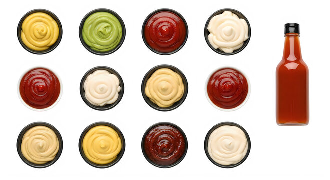 Set of various dipping sauces and hot sauce bottle isolated on transparent background, illustration