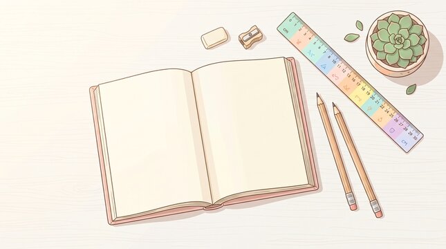 Open blank notebook with wooden pencils ruler and small succulent plant on desk for cozy study planning vector illustration